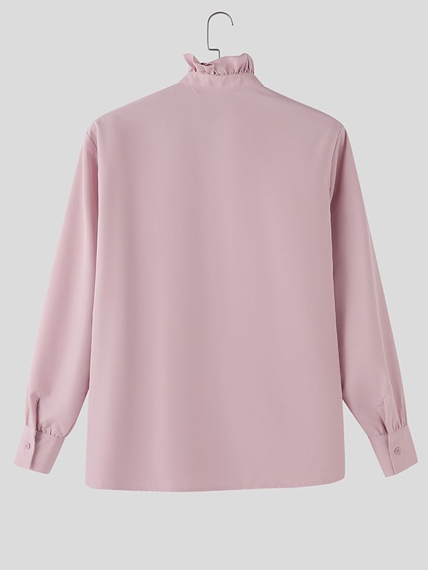 Men's Solid Color Ruffle Patchwork Long Sleeve Shirt SKUL42549