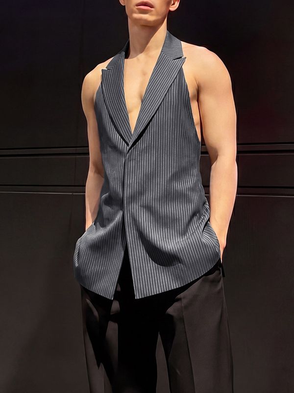 Men's Avant-Garde Pinstripe Halter Neck Backless Lace-Up Waistcoat SKUL64186