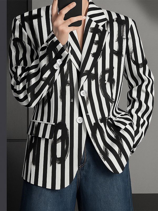 Men's Colorblock Letter Print Striped Long Sleeve Blazer SKUL28382