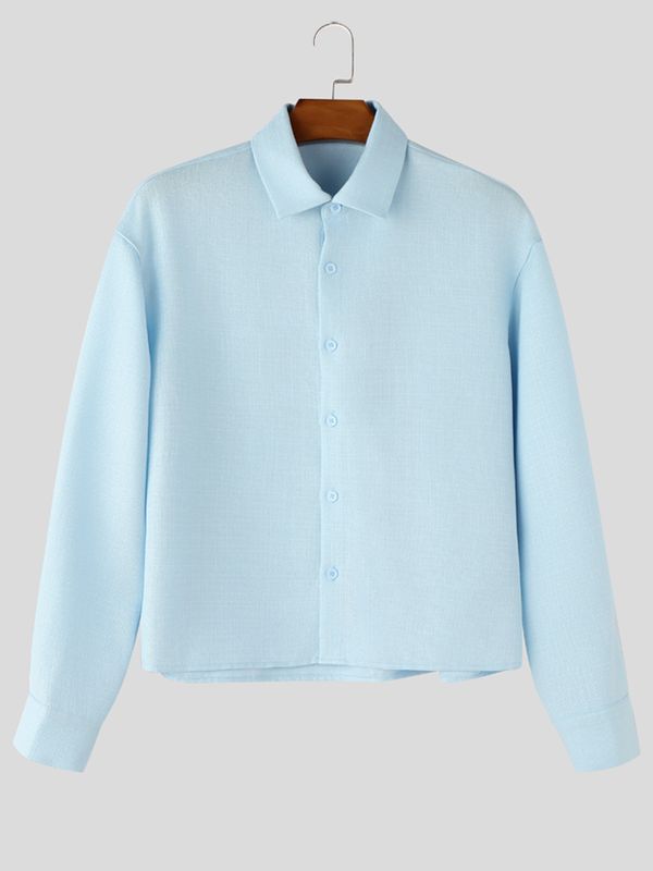 Men's High-Street Minimalist Aesthetic Structured Bamboo Slub Textured Cropped Long Sleeve Shirt SKUL73658