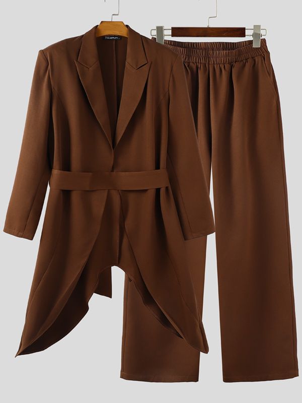 Men's Solid Color Long Hem Tie Two Pieces Outfit SKUL32861