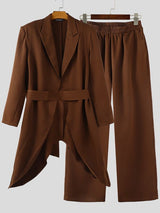 Men's Solid Color Long Hem Tie Two Pieces Outfit SKUL32861