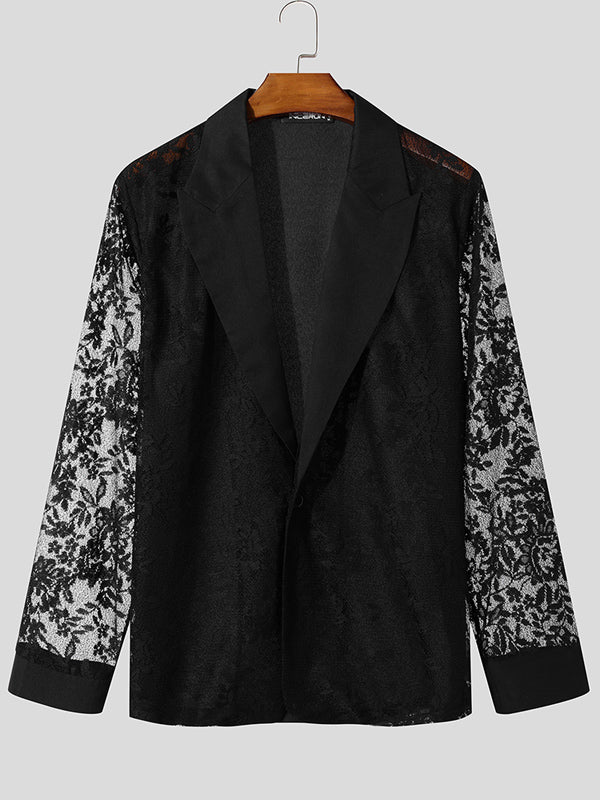 Mens Lace Print Sheer Long-Sleeve Blazer SKUK81536