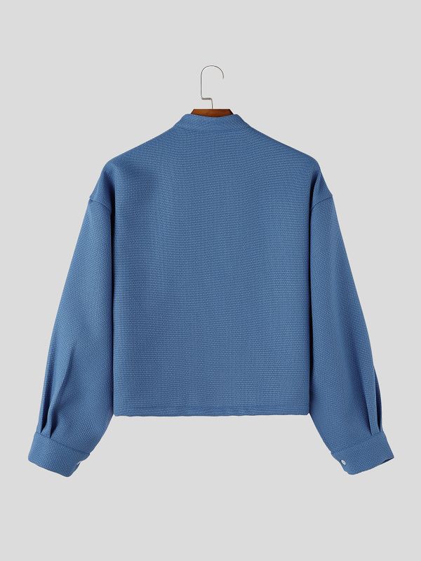 Men's Clean Fit 3D Rose Flower Patch Pocket Waffle Texture Long Sleeve Band Collar Shirt SKUL82419