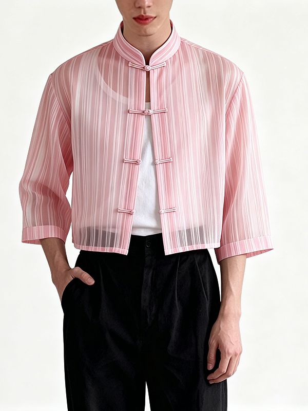 Men's Avant-Garde Neo-Chinese Sheer Striped Cropped Frog-Button Shirt SKUL63172