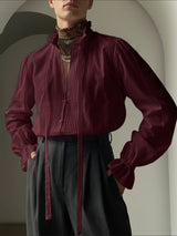 Men's Solid Color Ribbon Pleated Ruffle Long Sleeve Shirt SKUL43737