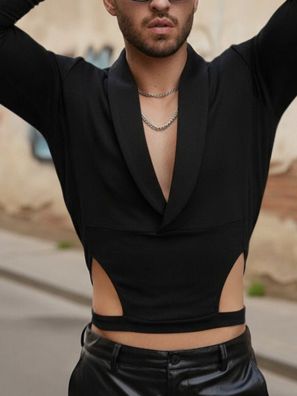 Men's Waist Cutout V Neck Long Sleeve T-shirt SKUL45203