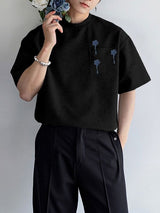 Men's Small Flower Embroidered Loose Short Sleeve T-Shirt SKUL38089