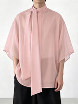 Men's Avant-Garde New Romanticism Sheer Organza Long Pussy-Bow Shirt SKUL68398