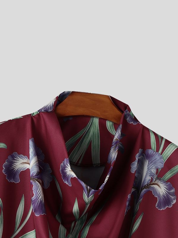 Men's Floral Print Draped Cowl Neck Relaxed Fit Short Sleeve Shirt SKUL61180