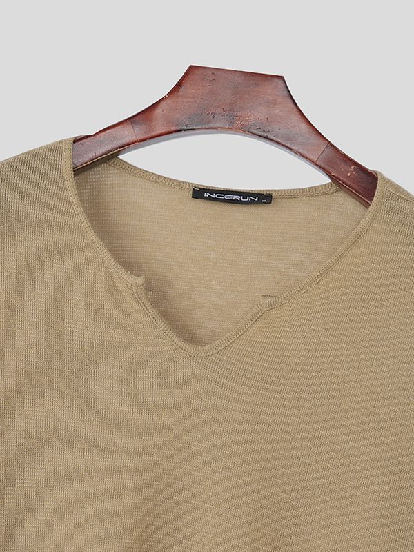 Men's Solid Color Minimalist U-Neck Long Sleeve T-Shirt SKUL43882