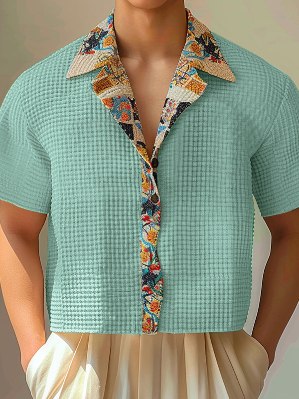 Mens Textured Patchwork Cropped Short-Sleeve Shirt SKUK65129