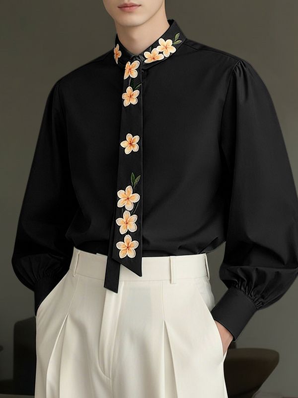 Men's Floral Printed Tie Long Sleeve Shirt SKUL44947