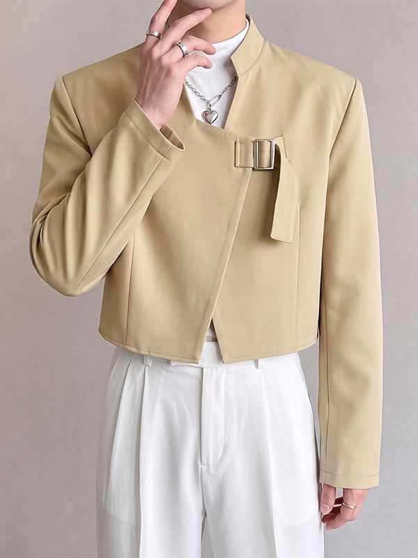 Men's Avant-Garde Deconstructed Stage Runway Asymmetric Stand Collar Buckle Cropped Blazer SKUL85938