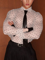 Men's Sheer Mesh Polka Dot Print Long Sleeve Shirt SKUL20217