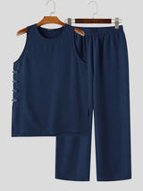 Men's Neo-Chinese Retro Side Frog Button Two Pieces Outfit SKUL74812