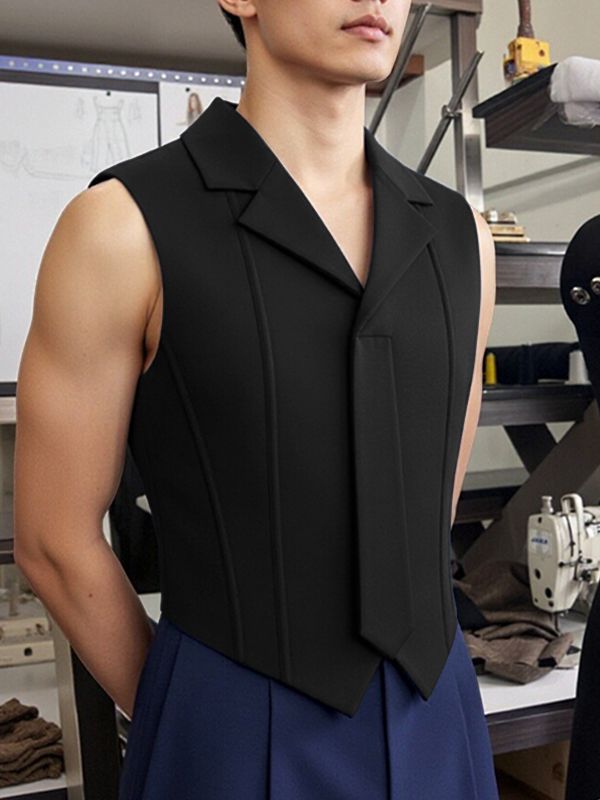Men's Avant-Garde Asymmetric Notch Lapel Integrated Tie Deconstructed Tank SKUL63097