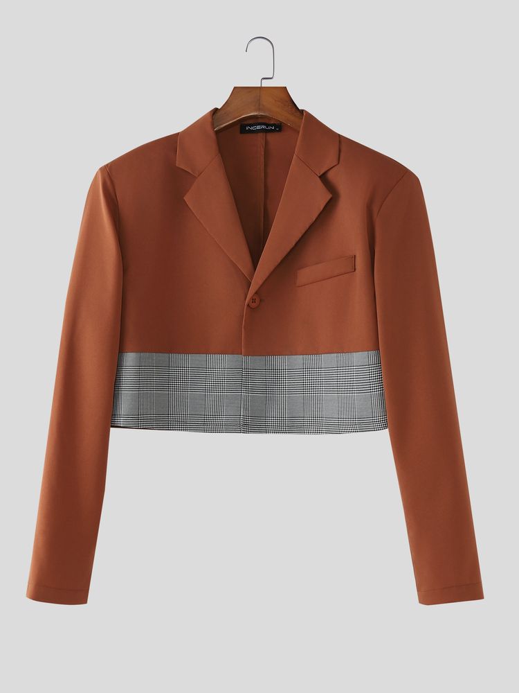 Men's Plaid Patchwork Cropped Long Sleeve Blazer SKUL51751