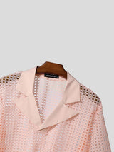 Men's Avant-Garde Sheer Mesh Notched Lapel Cropped Short Sleeve Shirt SKUL55513