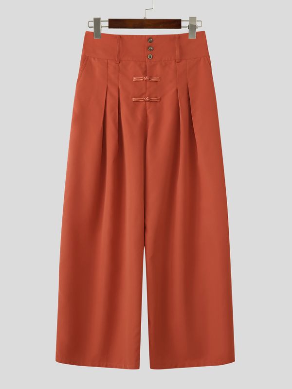 Men's Solid Color Frog Button Design Loose Long Pant SKUL60117