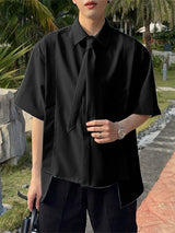 Mens Asymmetrical Hem Tie Short Sleeve Shirt SKUL11380