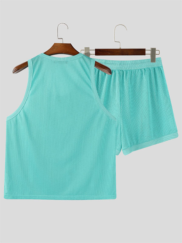 Mens Solid Color Sheer Mesh Two Pieces Outfit SKUL18019