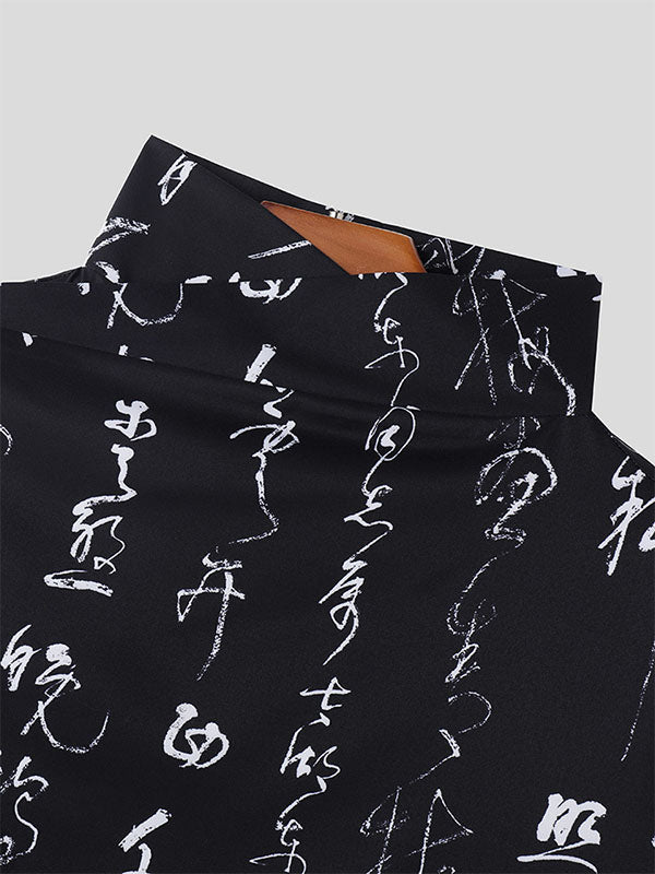 Mens Chinese Calligraphy Print Cutout Sleeve Shirt SKUK43010