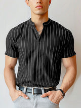 Mens Striped Stand Collar Short Sleeve T-Shirt SKUK74697