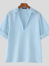 Men's Vintage Resort Vertical Stripe Crinkled Deep V-Neck Short Sleeve Shirt SKUL64174