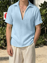 Men's Vintage Resort Vertical Stripe Crinkled Deep V-Neck Short Sleeve Shirt SKUL64174