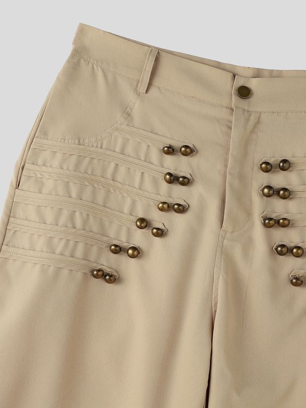 Men's Vintage Military Heavy Pintuck Double-Breasted Button High Waist Wide Leg Pant SKUL66968