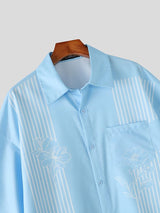 Men's Japanese Harajuku Style Clean Color-Block Vertical Stripe Floral Print Short Sleeve Shirt SKUL72759