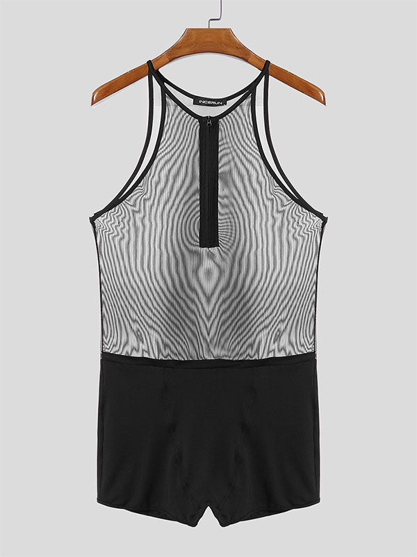 Men's Sheer Mesh Half Zip Sleeveless Bodysuit SKUL18667