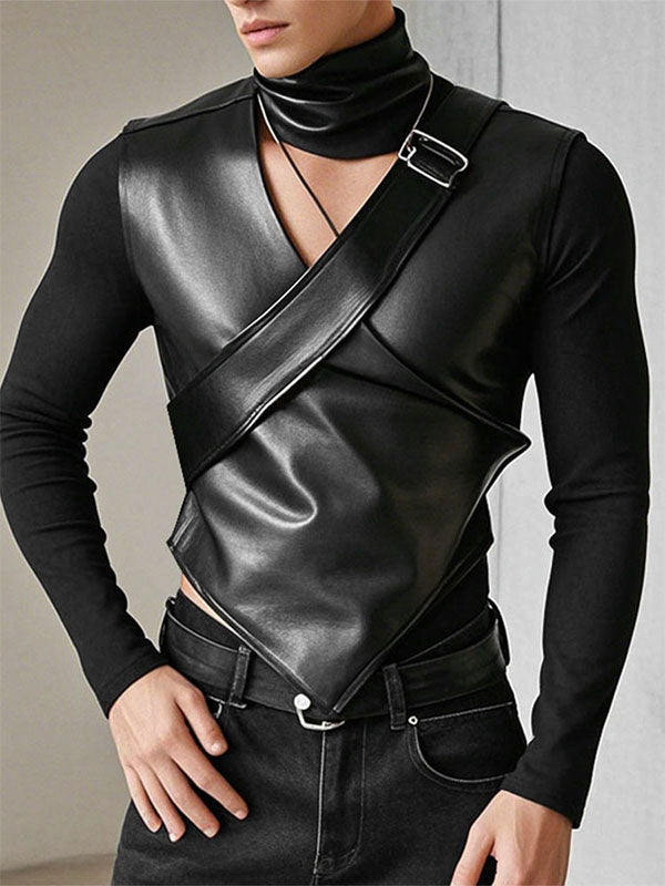 Mens Cut-Out Design Faux Leather Long Sleeve T-Shirt SKUK95931