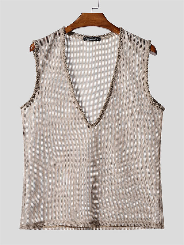 Mens Hollow-Out Mesh Deep V-Neck Tank SKUL16745