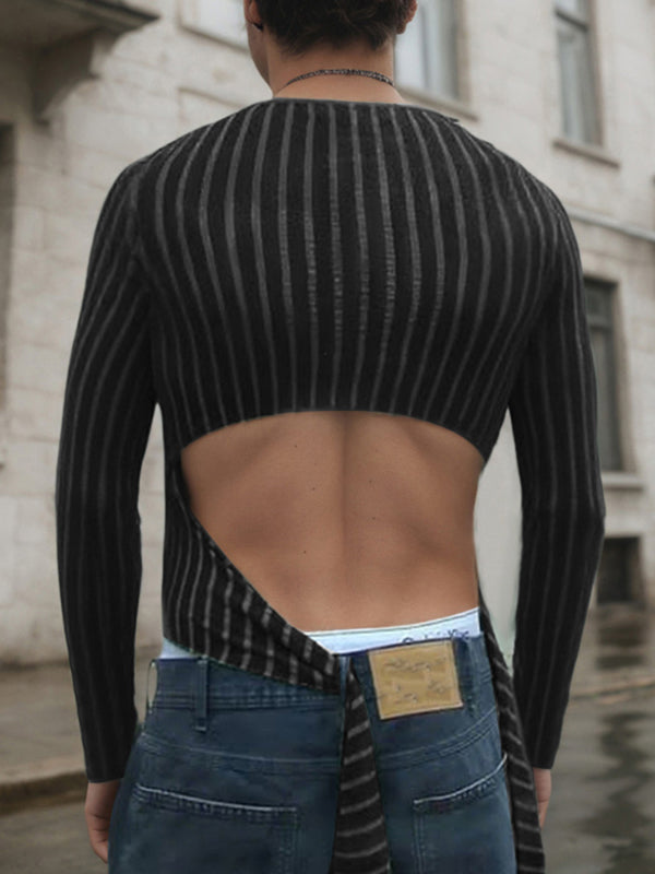 Men's Backless Striped Long Sleeve T-Shirt SKUL24803