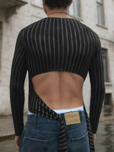 Men's Backless Striped Long Sleeve T-Shirt SKUL24803