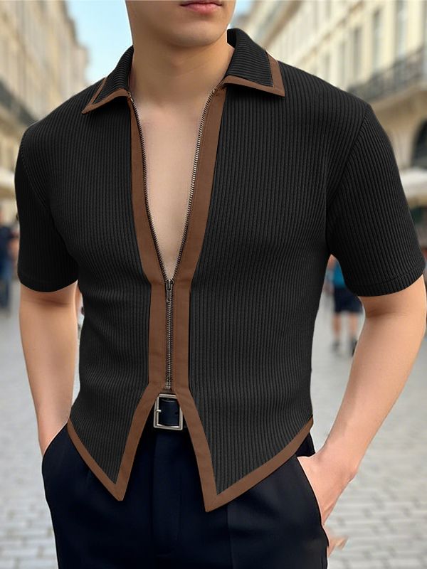 Men's Knit Contrast Color Zipper Short Sleeve Cardigan SKUL48006