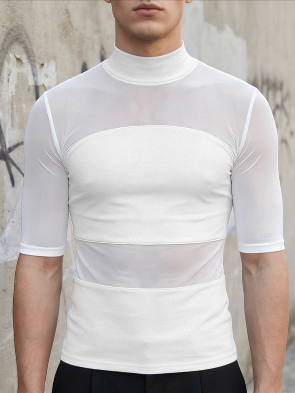Men's Avant-Garde Sheer Mesh Paneled Mock Neck T-shirt SKUL63115