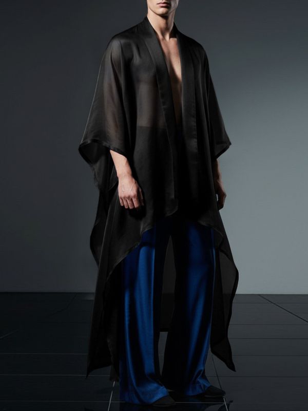 Men's Sheer Mesh Patchwork Satin Loose Fit Cardigan SKUL47702