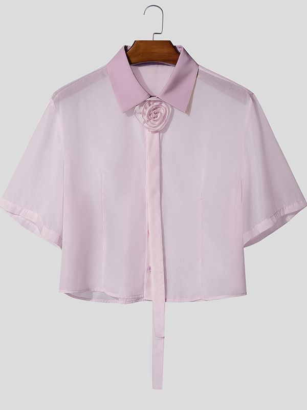 Men's 3D Rosette & Floating Ribbons Sheer Organza Cropped Shirt SKUL55379