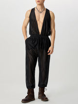 Mens Striped See Through V-Neck Jumpsuit SKUK51122