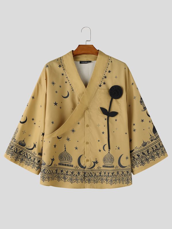 Men's Avant-Garde Starry Night & Castle Print 3D Applique Rose Short Sleeve Shirt SKUL61936