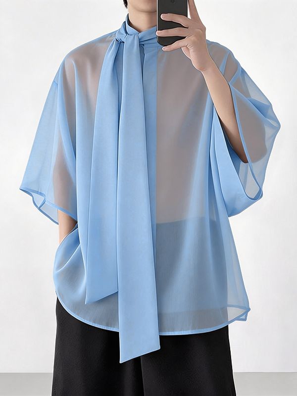 Men's Avant-Garde New Romanticism Sheer Organza Long Pussy-Bow Shirt SKUL68398