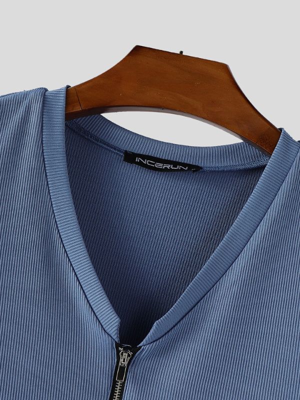 Mens Solid Color Textured Zipper Casual Tank SKUL20207