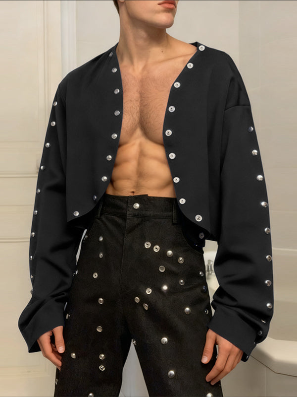 Men's Metal Stud Curved Hem Cropped Long Sleeve Cardigan SKUL41021