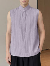 Men's Minimalist Textured Pleated Stand Collar Sleeveless Shirt SKUL72735