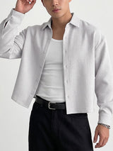 Men's High-Street Minimalist Aesthetic Structured Bamboo Slub Textured Cropped Long Sleeve Shirt SKUL73658