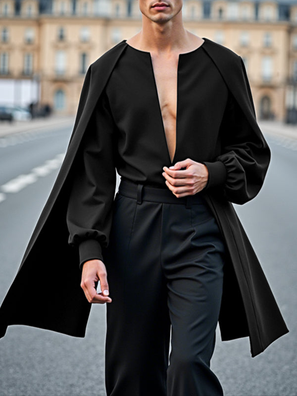 Men's Cape Patchwork Hollow Long Sleeve Shirt SKUL41719