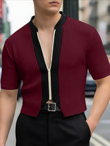 Men's Textured Contrast Color Cropped Short Sleeve T-shirt SKUL47901